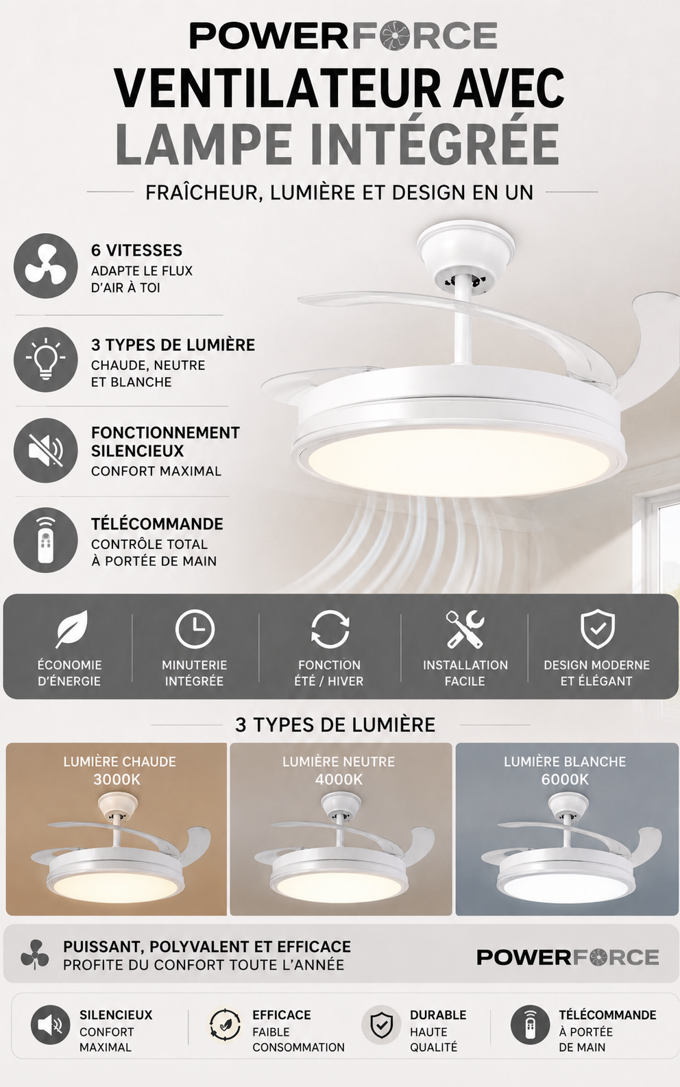 Ventilateur Powerforce™️ avec éclairage intégré | Économe en énergie